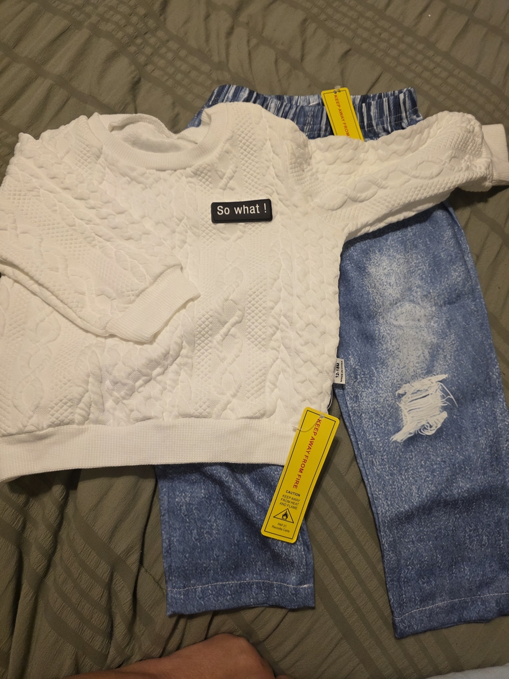 SHEIN White Cable-Knit Sweatshirt with Blue Denim-Style Pants Set